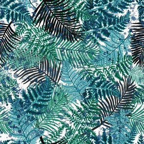 Blue turquoise fresh ferns, tropical leaves