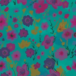Turquoise Magical garden- pink purple flowers