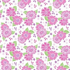 Bright Rose Pink Wonky Flowers on White