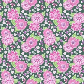 Bright Rose Pink Wonky Flowers on Pine Green