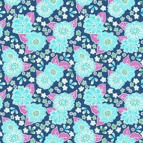 Aqua Wonky Flowers with Pink on Aegean Blue