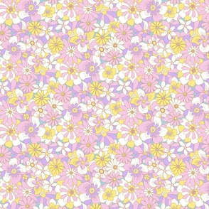 Malibu retro flowers Regular Scale pink purple yellow blue  by Jac Slade