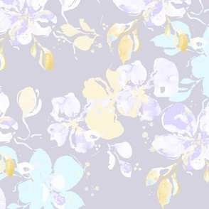 Grandmillennial big scale whisical flowers in purple, baby blue and yellow. Use the design for bedroom walls and interior