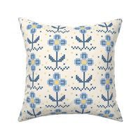 $ hobbies – Cross-stitch  blue and yellow floral scandi inspired, folk style - for cute little dresses, home decor, summer cotton sheets and nursery accessories.