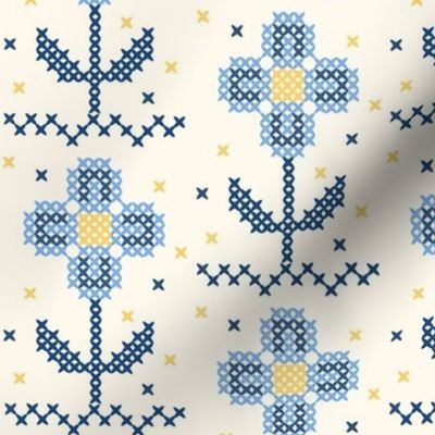 $ hobbies – Cross-stitch  blue and yellow floral scandi inspired, folk style - for cute little dresses, home decor, summer cotton sheets and nursery accessories.