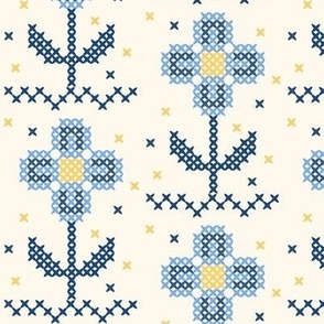 $Hobbies – Cross-stitch  blue and yellow floral scandi inspired, folk style - for cute little dresses, home decor, summer cotton sheets and nursery accessories.
