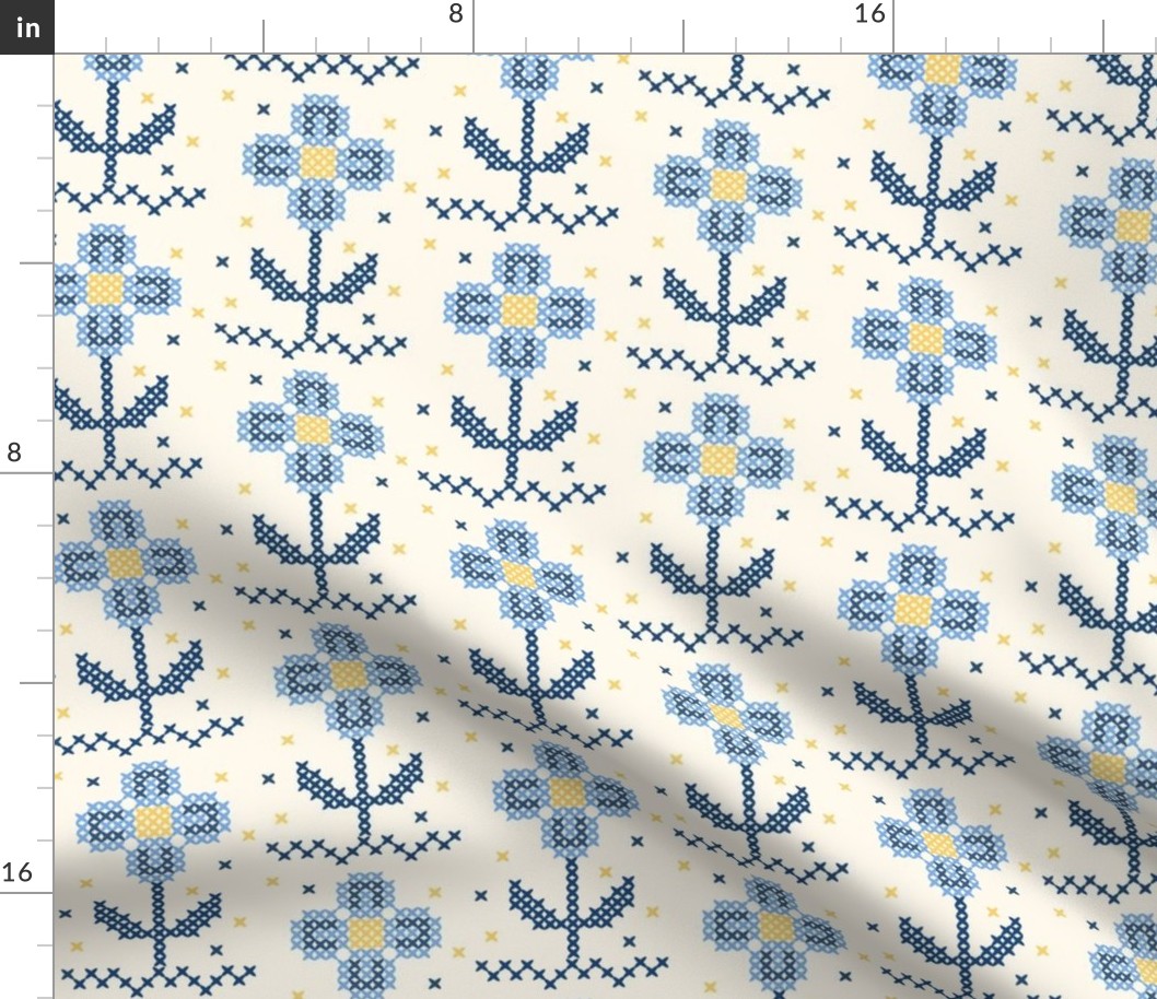 $ hobbies – Cross-stitch  blue and yellow floral scandi inspired, folk style - for cute little dresses, home decor, summer cotton sheets and nursery accessories.