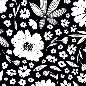 Olivia / big scale / black and white decorative sweet and playful floral pattern design