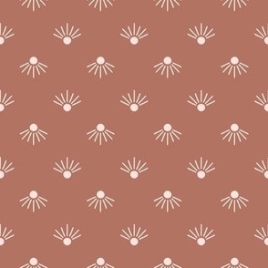 Sunrise / small scale / beige brown abstract two directional pattern with a sun motif