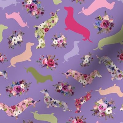 small scale floral dachshund purple