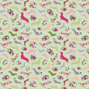 small scale floral dachshund pale green