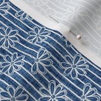 Scattered White Flowers and Sketchy Stripes on Aegean Blue Woven Texture