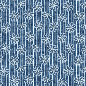 Scattered White Flowers and Sketchy Stripes on Aegean Blue Woven Texture