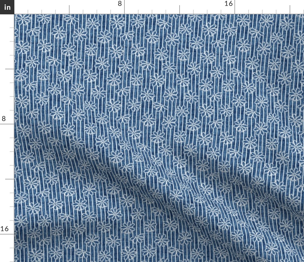 Scattered White Flowers and Sketchy Stripes on Aegean Blue Woven Texture