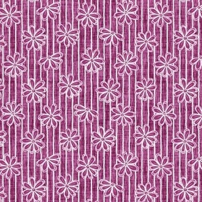 Scattered White Flowers and Sketchy Stripes on Berry Woven Texture