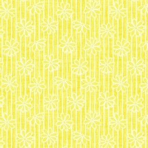 Scattered White Flowers and Sketchy Stripes on Bright Yellow Woven Texture