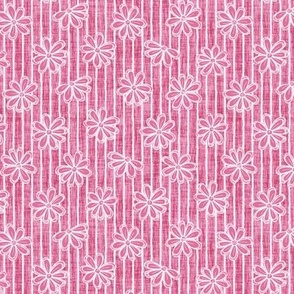 Scattered White Flowers and Sketchy Stripes on Bubblegum Pink Woven Texture