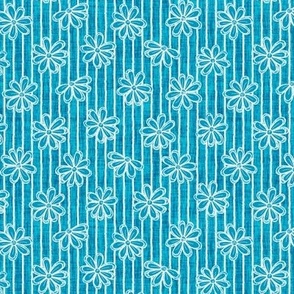 Scattered White Flowers and Sketchy Stripes on Caribbean Blue Woven Texture