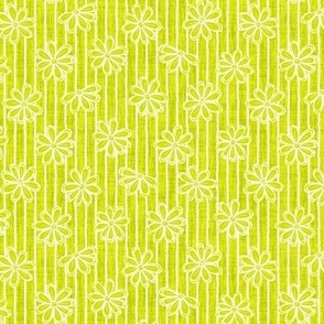 Scattered White Flowers and Sketchy Stripes on Chartreuse Woven Texture