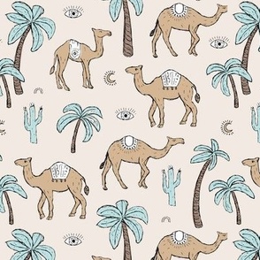 Arabic Romance - Camel friends palm trees and cacti garden desert moroccan theme blue beige tan