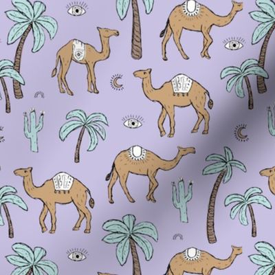 Arabic Romance - Camel friends palm trees and cacti garden desert moroccan theme lilac caramel blue