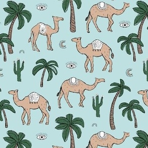Arabic Romance - Camel friends palm trees and cacti garden desert moroccan theme blue pine green beige neutral 