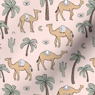 Arabic Romance - Camel friends palm trees and cacti garden desert moroccan theme sage green caramel beige on soft blush