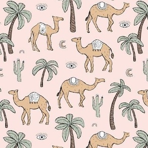 Arabic Romance - Camel friends palm trees and cacti garden desert moroccan theme sage green caramel beige on soft blush