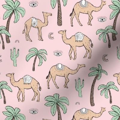 Arabic Romance - Camel friends palm trees and cacti garden desert moroccan theme mint green caramel beige on soft pink