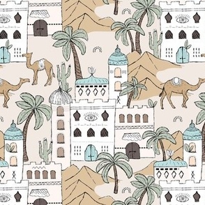 Oasis city - Moroccan desert village palm trees and camels city of Marrakesh boho travel dreams blue beige sand 