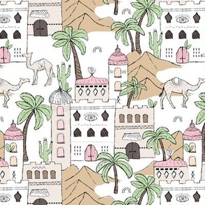 Oasis city - Moroccan desert palm trees and camels city of Marrakesh boho travel dreams mint green pink beige 