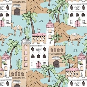 Oasis city - Moroccan desert palm trees and camels city of Marrakesh boho travel dreams sand beige pink on blue 