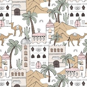 Oasis city - Moroccan desert palm trees and camels city of Marrakesh boho travel dreams vintage sage green beige pink blush 
