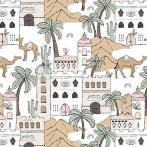 Oasis city - Moroccan desert palm trees and camels city of Marrakesh boho travel dreams vintage sage green beige pink blush  