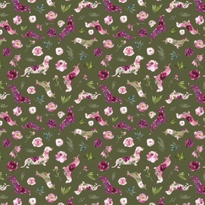 small scale pink floral dachshund green