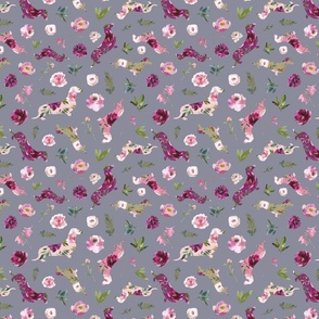 small scale pink floral dachshund grey