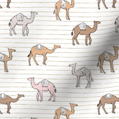 Camels and stripes - sweet freehand camel friends boho style on stripes pink beige sand on white  