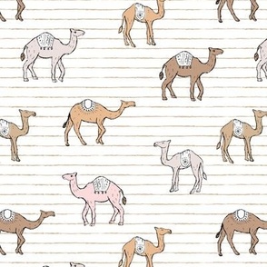 Camels and stripes - sweet freehand camel friends boho style on stripes pink beige sand on white  