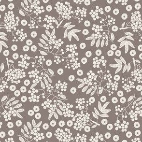 (S) two-color design - white rowan berries with leaves and flowers on taupe grey