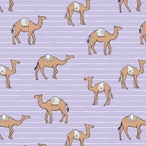 Camels and stripes - sweet freehand camel friends boho style on stripes beige on lilac purple 