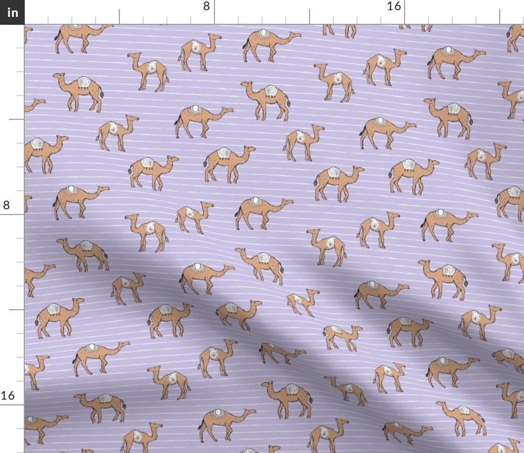 Camels and stripes - sweet freehand camel friends boho style on stripes beige on lilac purple 