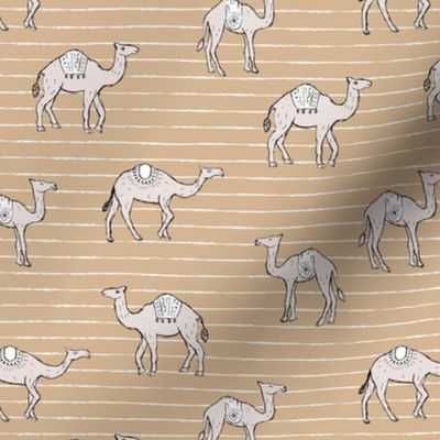 Camels and stripes - sweet freehand camel friends boho style on stripes sand on caramel 