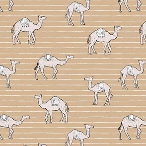 Camels and stripes - sweet freehand camel friends boho style on stripes sand on caramel 