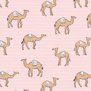 Camels and stripes - sweet freehand camel friends boho style on stripes caramel beige on pink 