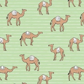 Camels and stripes - sweet freehand camel friends boho style on stripes caramel beige on mint green 