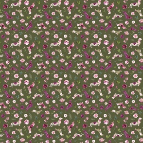 micro scale pink floral dachshund green