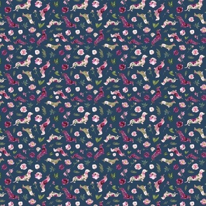 micro scale pink floral dachshund blue