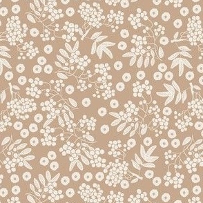 (S) two-color design - white rowan berries with leaves and flowers on tan brown