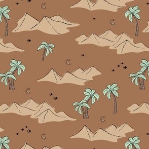 Sahara oasis desert dunes and palm trees with birds and moonlight caramel rust green