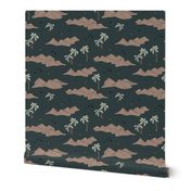 Sahara oasis desert dunes and palm trees with birds and moonlight night blue beige sage green